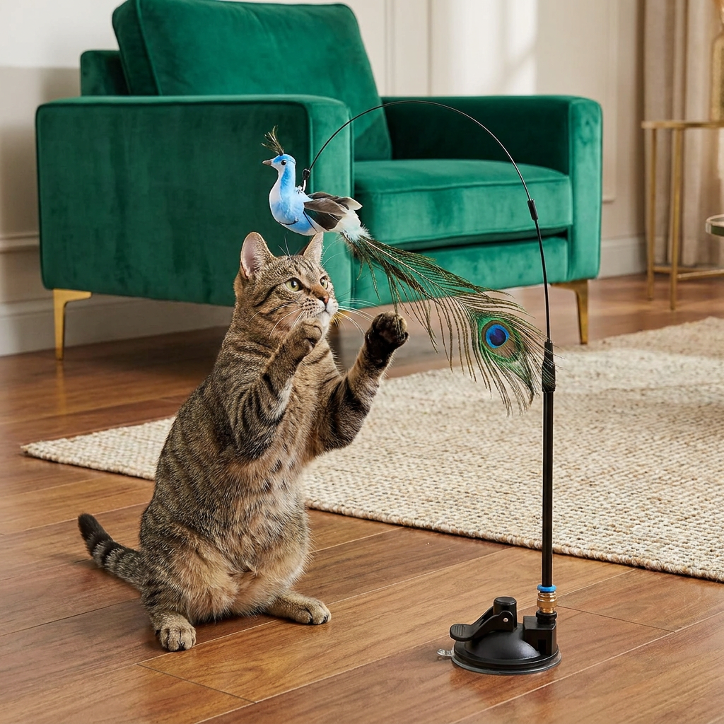 Hands-Free Interactive Cat Wand Toy with Natural Feathers & Suction Cup