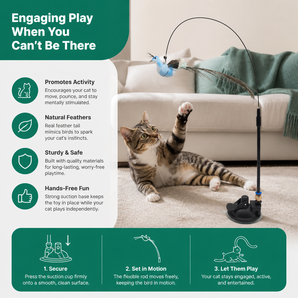 Hands-Free Interactive Cat Wand Toy with Natural Feathers & Suction Cup
