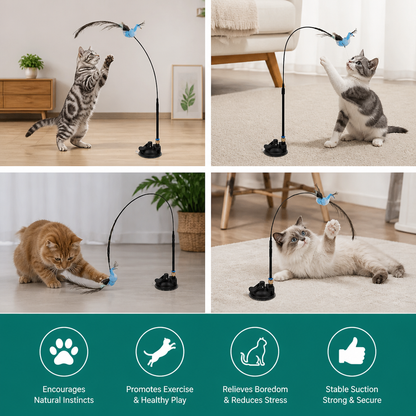 Hands-Free Interactive Cat Wand Toy with Natural Feathers & Suction Cup