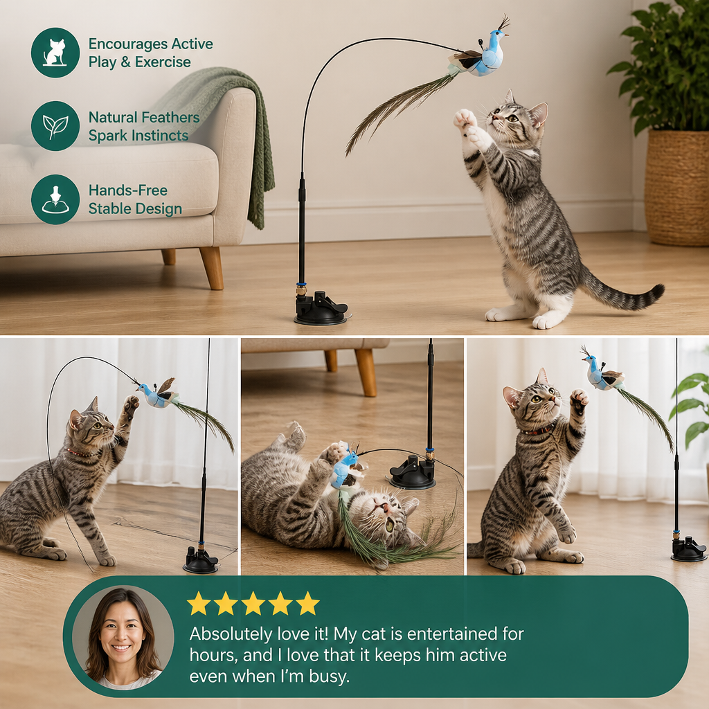 Hands-Free Interactive Cat Wand Toy with Natural Feathers & Suction Cup