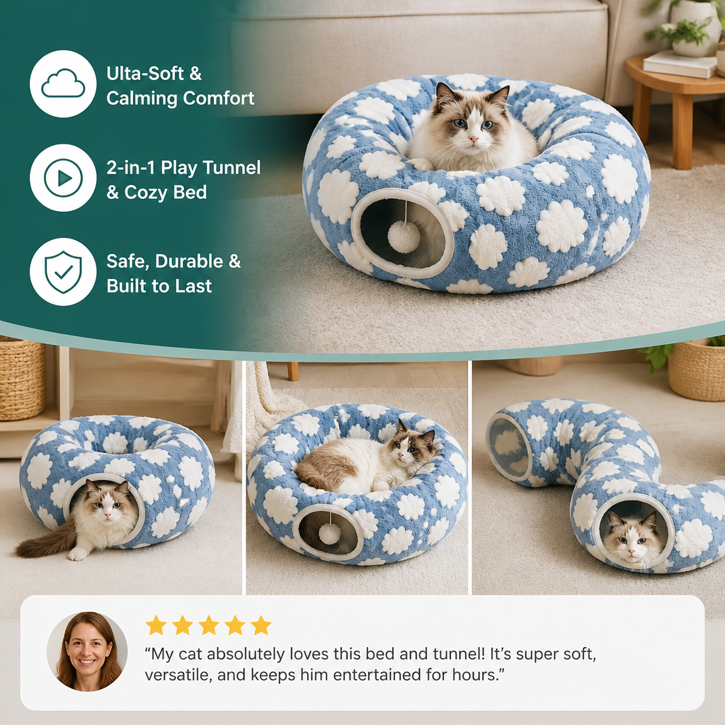 Fluffy 2-in-1 Pet Play Tunnel & Calming Bed with Cozy Blanket and Peekaboo Hole