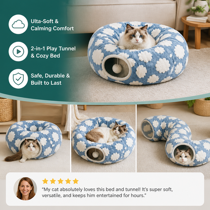 Fluffy 2-in-1 Pet Play Tunnel & Calming Bed with Cozy Blanket and Peekaboo Hole