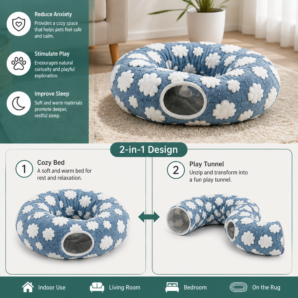 Fluffy 2-in-1 Pet Play Tunnel & Calming Bed with Cozy Blanket and Peekaboo Hole