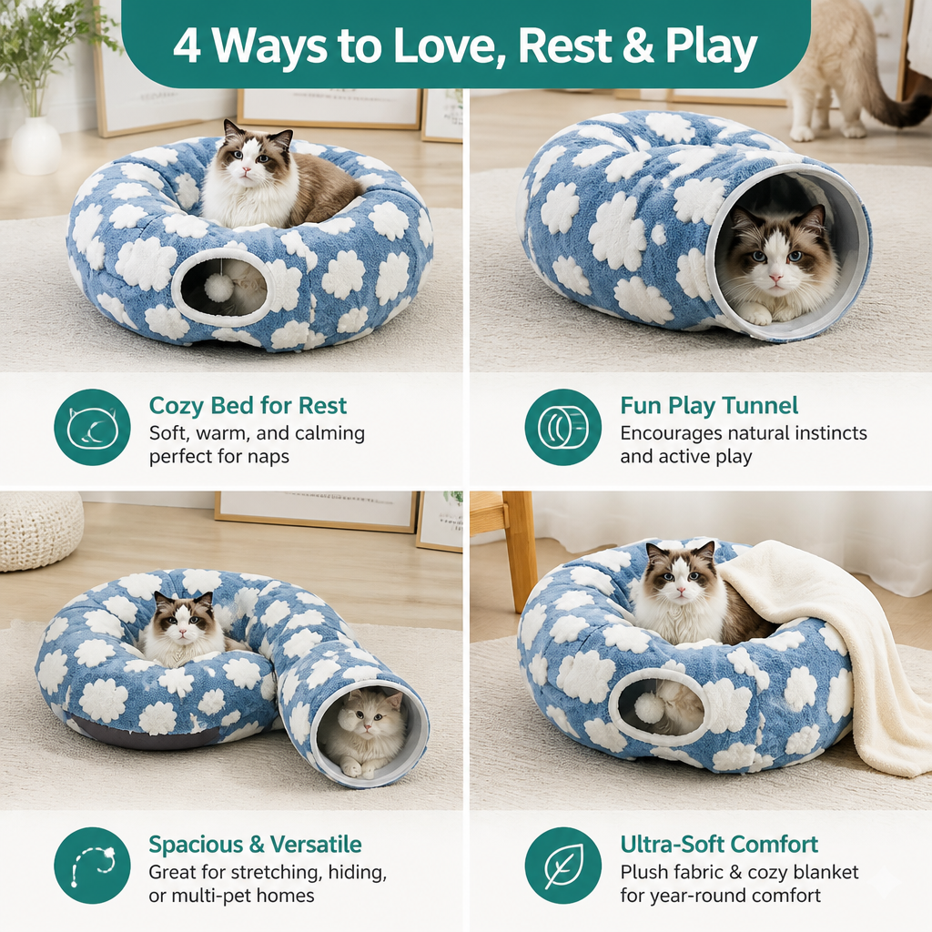 Fluffy 2-in-1 Pet Play Tunnel & Calming Bed with Cozy Blanket and Peekaboo Hole