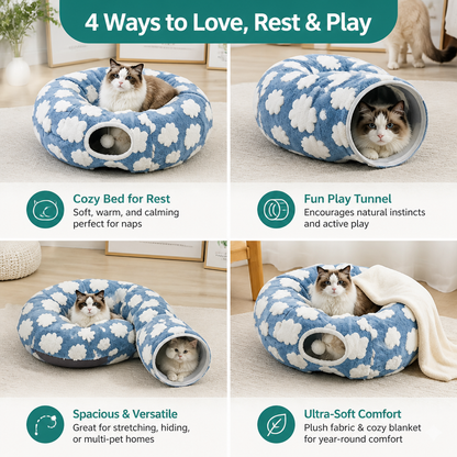 Fluffy 2-in-1 Pet Play Tunnel & Calming Bed with Cozy Blanket and Peekaboo Hole