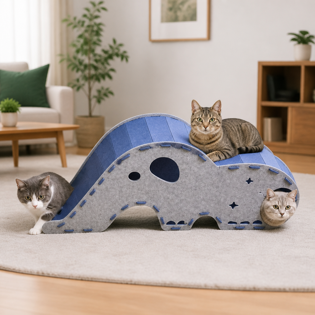 Elephant-Shaped Felt Cat Play Tunnel & Cozy Bed – Foldable and Connectable Design