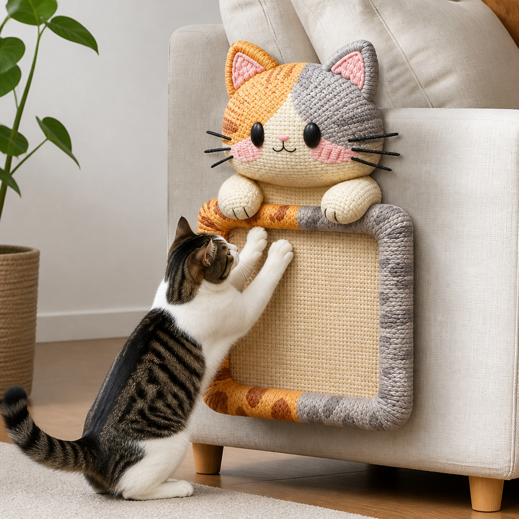 2in1 Woven Self-Adhesive Cat Scratching Mat & Furniture Protector with Interactive Toy