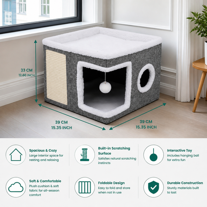 Modern Foldable Cat House with Double-Sided All-Season Cushion & Hanging Toys