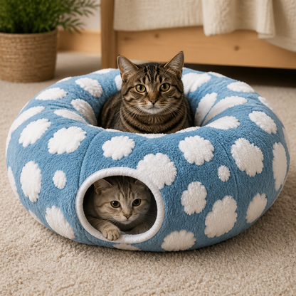 Fluffy 2-in-1 Pet Play Tunnel & Calming Bed with Cozy Blanket and Peekaboo Hole