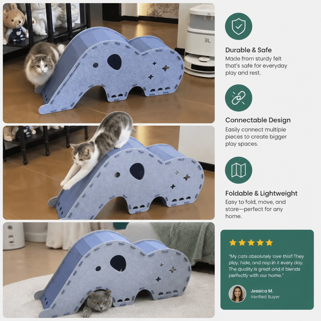 Elephant-Shaped Felt Cat Play Tunnel & Cozy Bed – Foldable and Connectable Design
