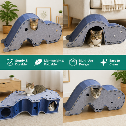 Elephant-Shaped Felt Cat Play Tunnel & Cozy Bed – Foldable and Connectable Design