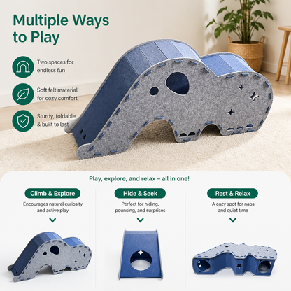 Elephant-Shaped Felt Cat Play Tunnel & Cozy Bed – Foldable and Connectable Design