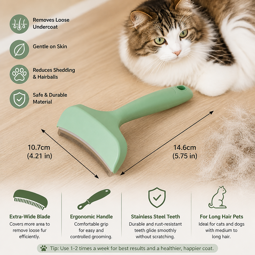Cat Deshedding Undercoat Rake – Extra-Wide Grooming Tool for Loose Fur & Long Hair