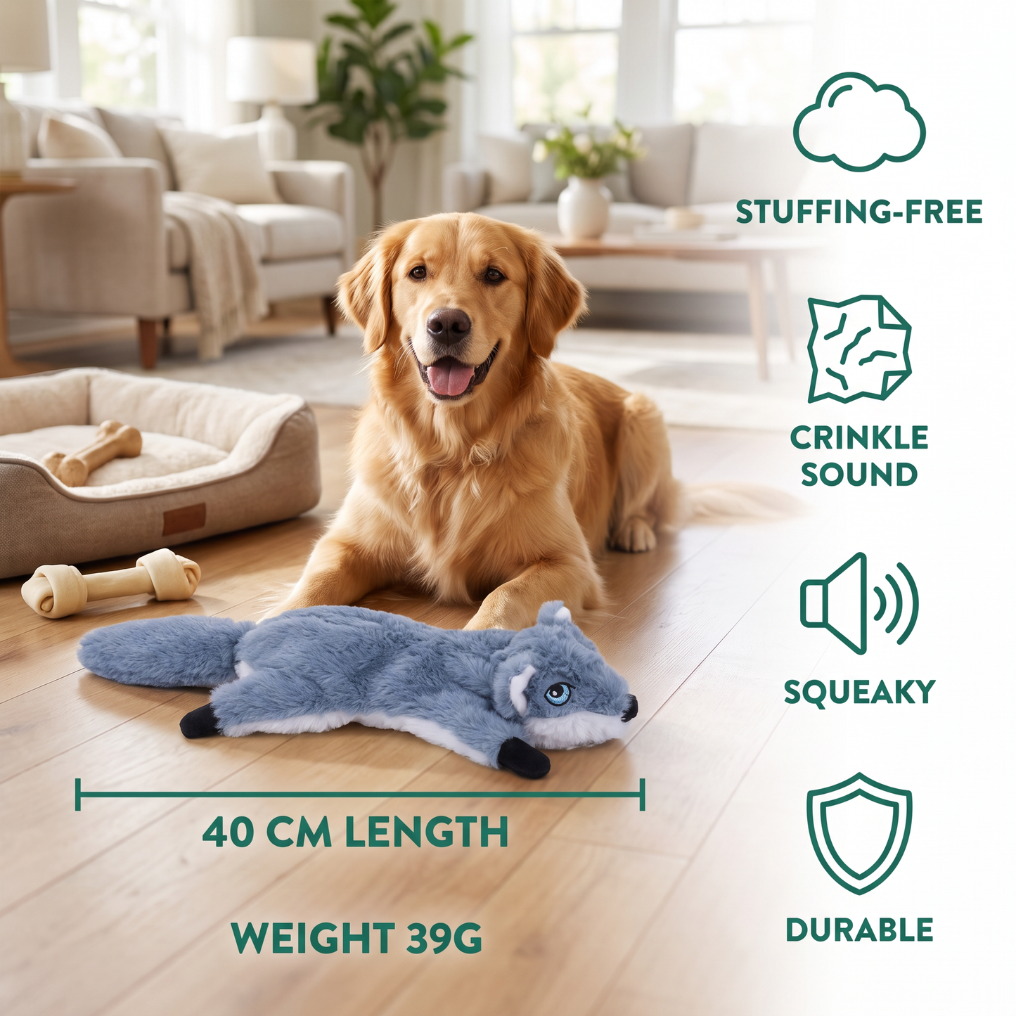 Durable Stuffing-Free Crinkle Squeaky Dog Toy