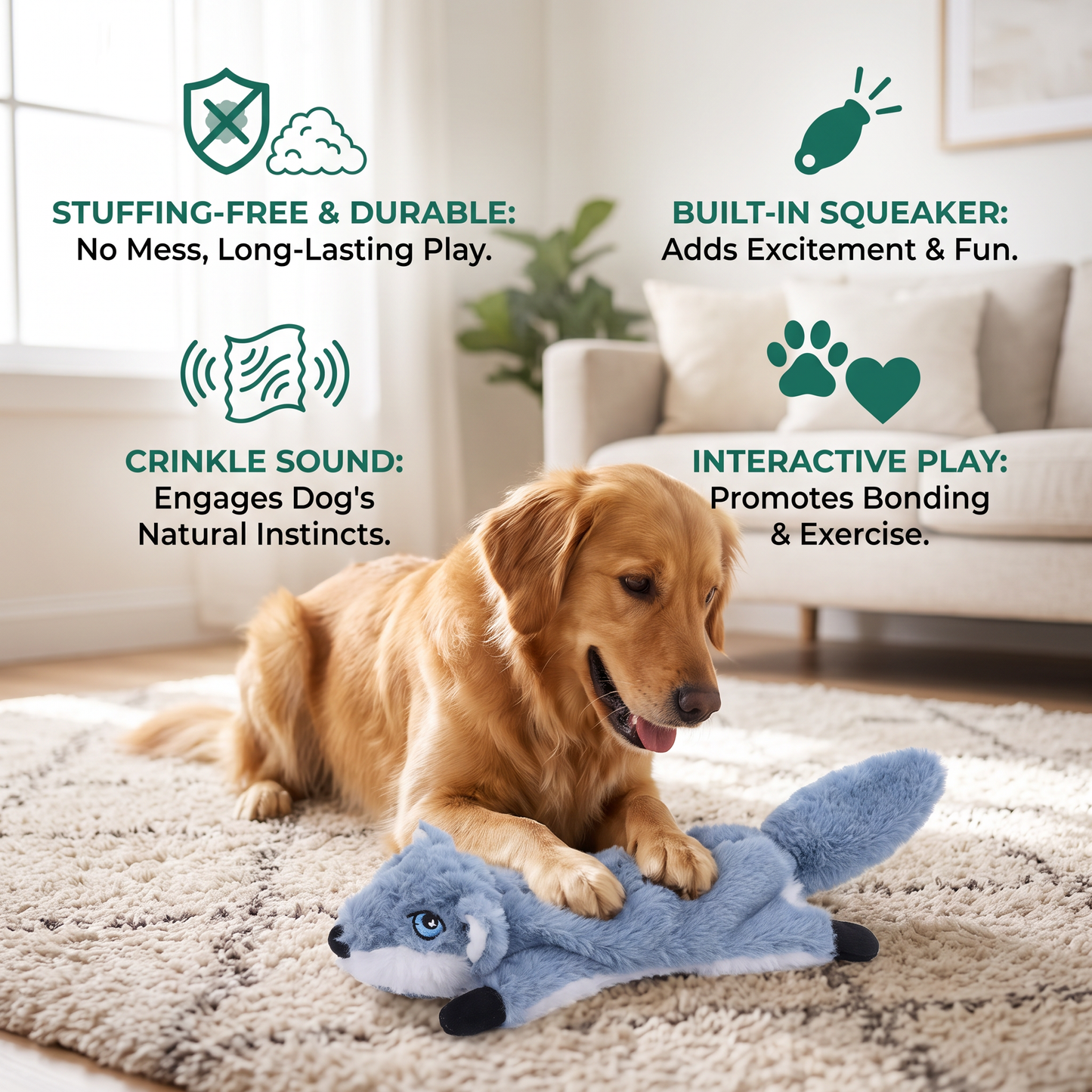 Durable Stuffing-Free Crinkle Squeaky Dog Toy