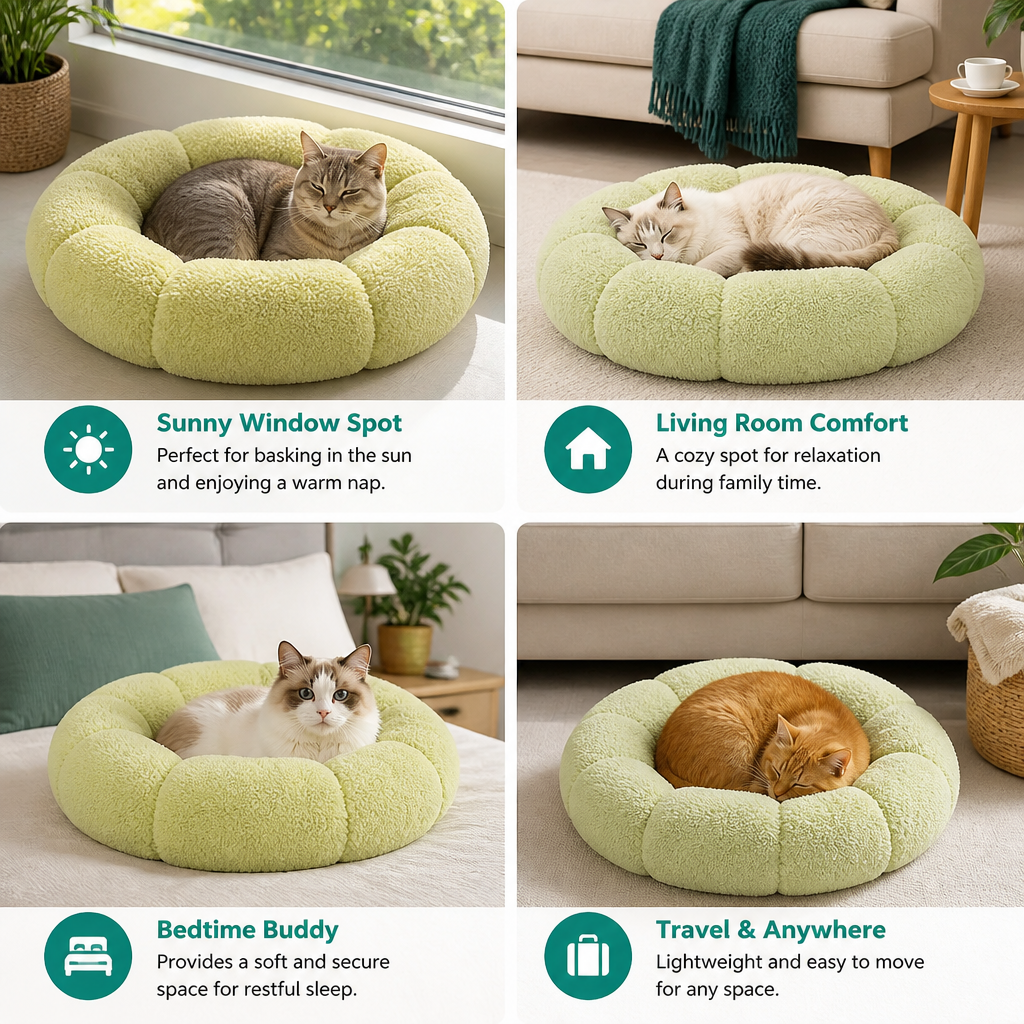 Luxury Floral Fluffy Donut Cat Bed – Soft & Washable Round Cushion