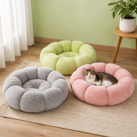 Luxury Floral Fluffy Donut Cat Bed – Soft & Washable Round Cushion