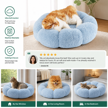 Luxury Floral Fluffy Donut Cat Bed – Soft & Washable Round Cushion