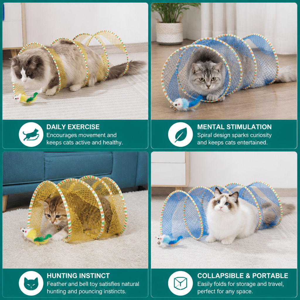 Collapsible Spiral Cat Play Tunnel with Feather Bells