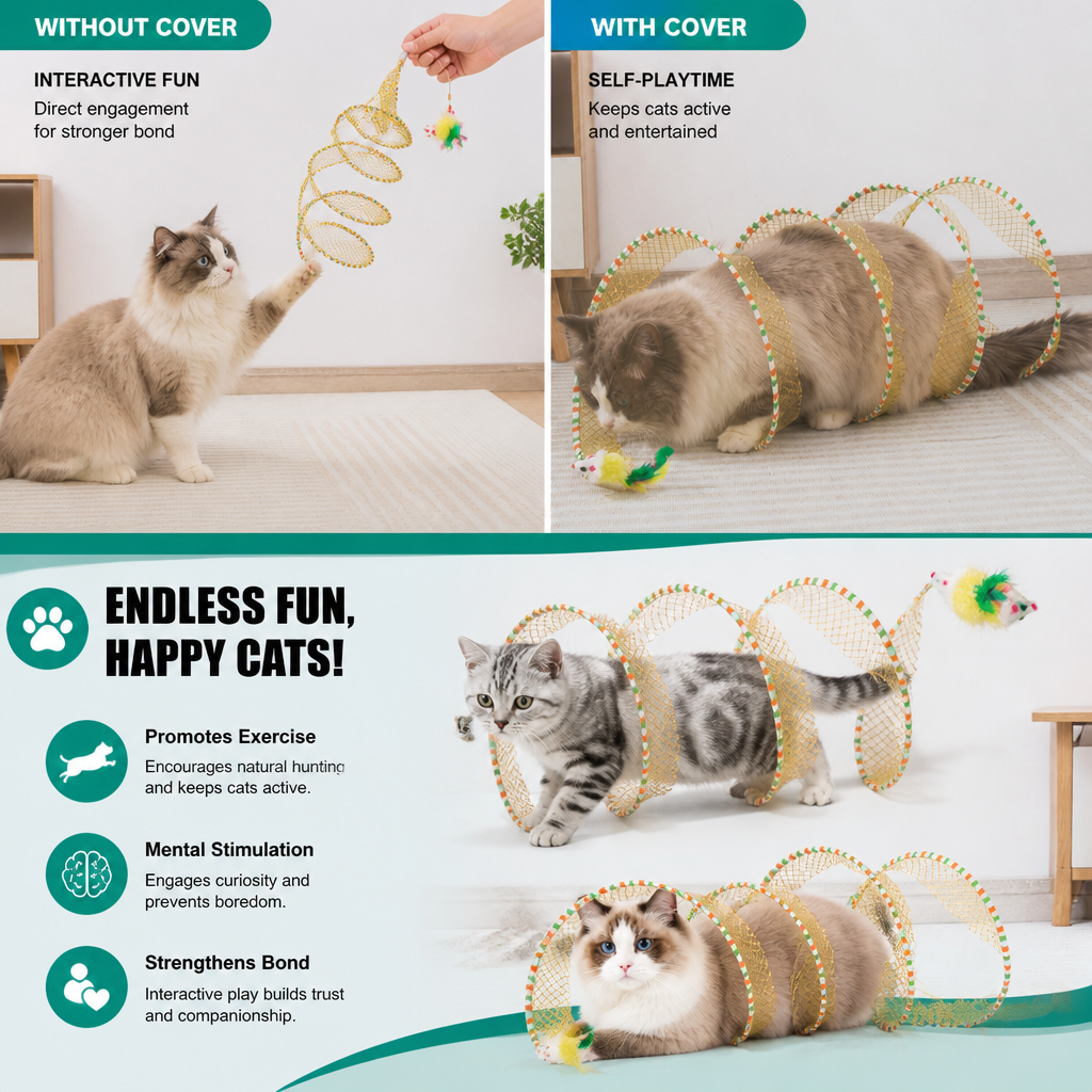 Collapsible Spiral Cat Play Tunnel with Feather Bells