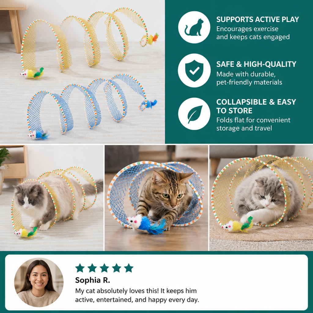 Collapsible Spiral Cat Play Tunnel with Feather Bells