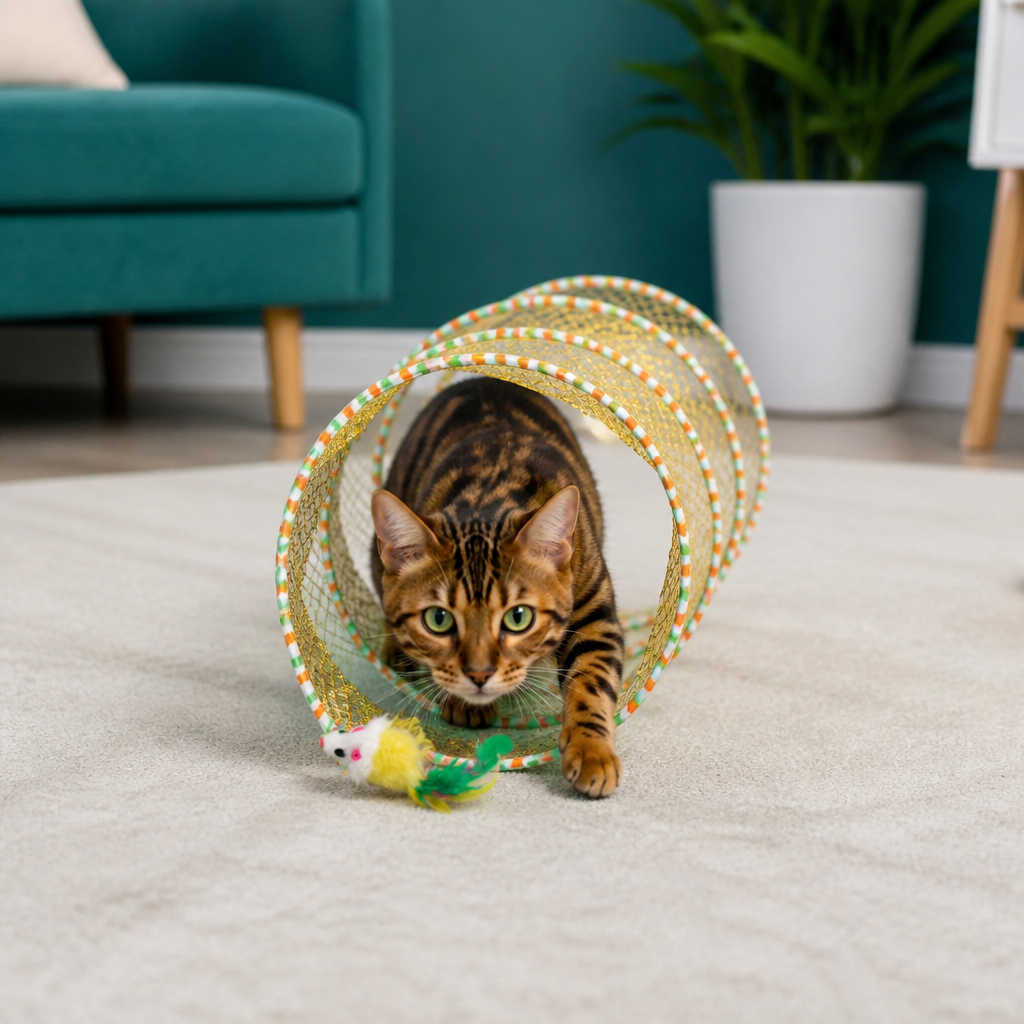 Collapsible Spiral Cat Play Tunnel with Feather Bells