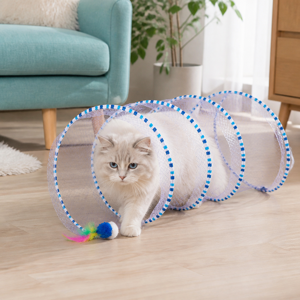 Collapsible Spiral Cat Play Tunnel with Feather Bells