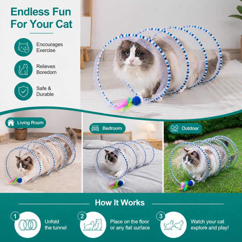 Collapsible Spiral Cat Play Tunnel with Feather Bells