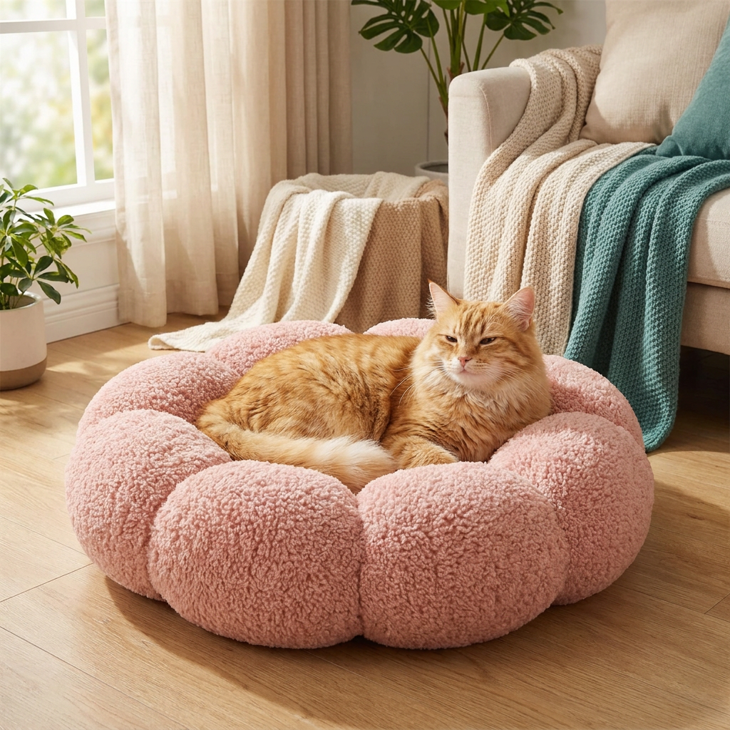 Luxury Floral Fluffy Donut Cat Bed – Soft & Washable Round Cushion