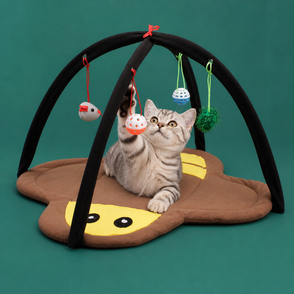 Foldable Cat Play Tent with Hanging Toys and Activity Mat