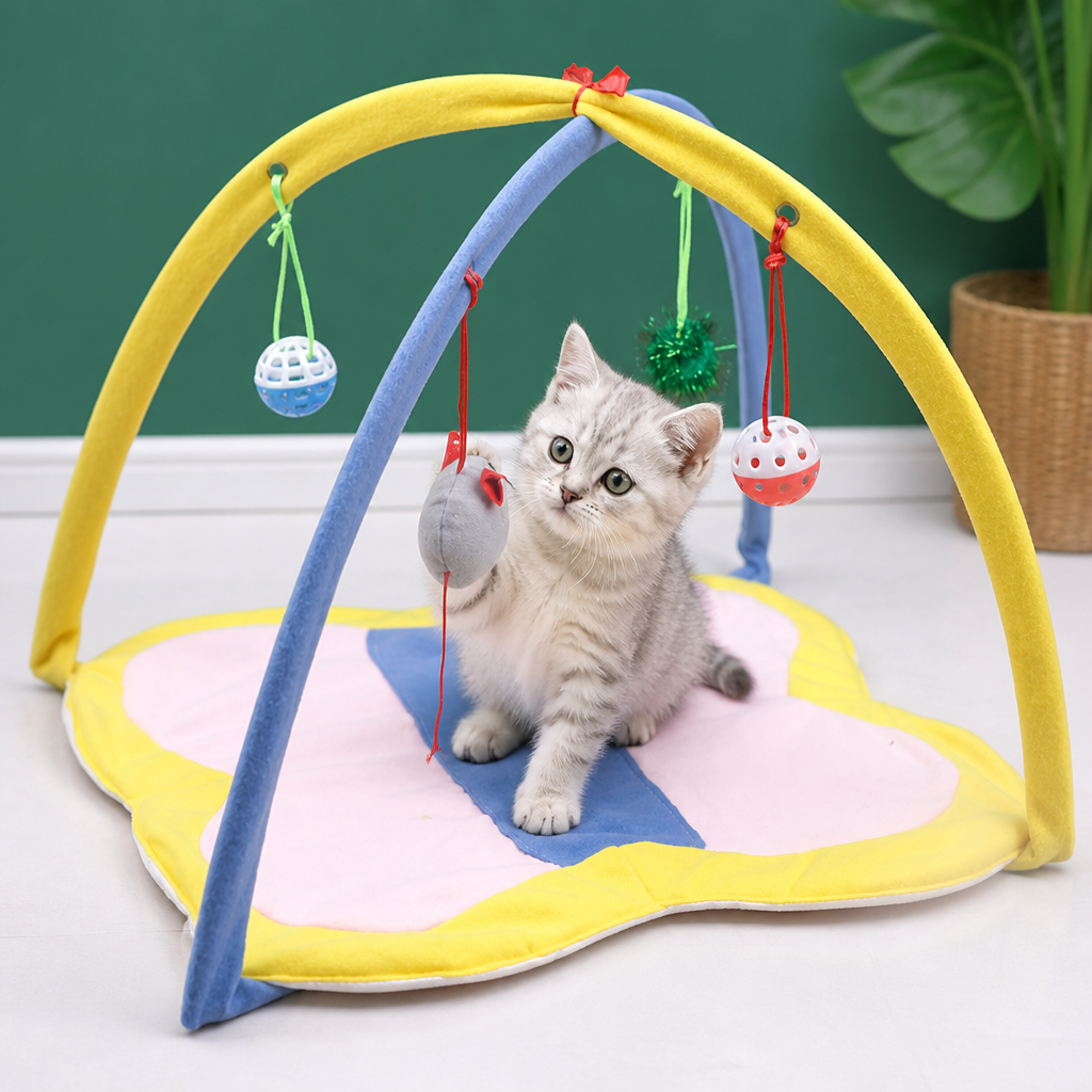 Foldable Cat Play Tent with Hanging Toys and Activity Mat