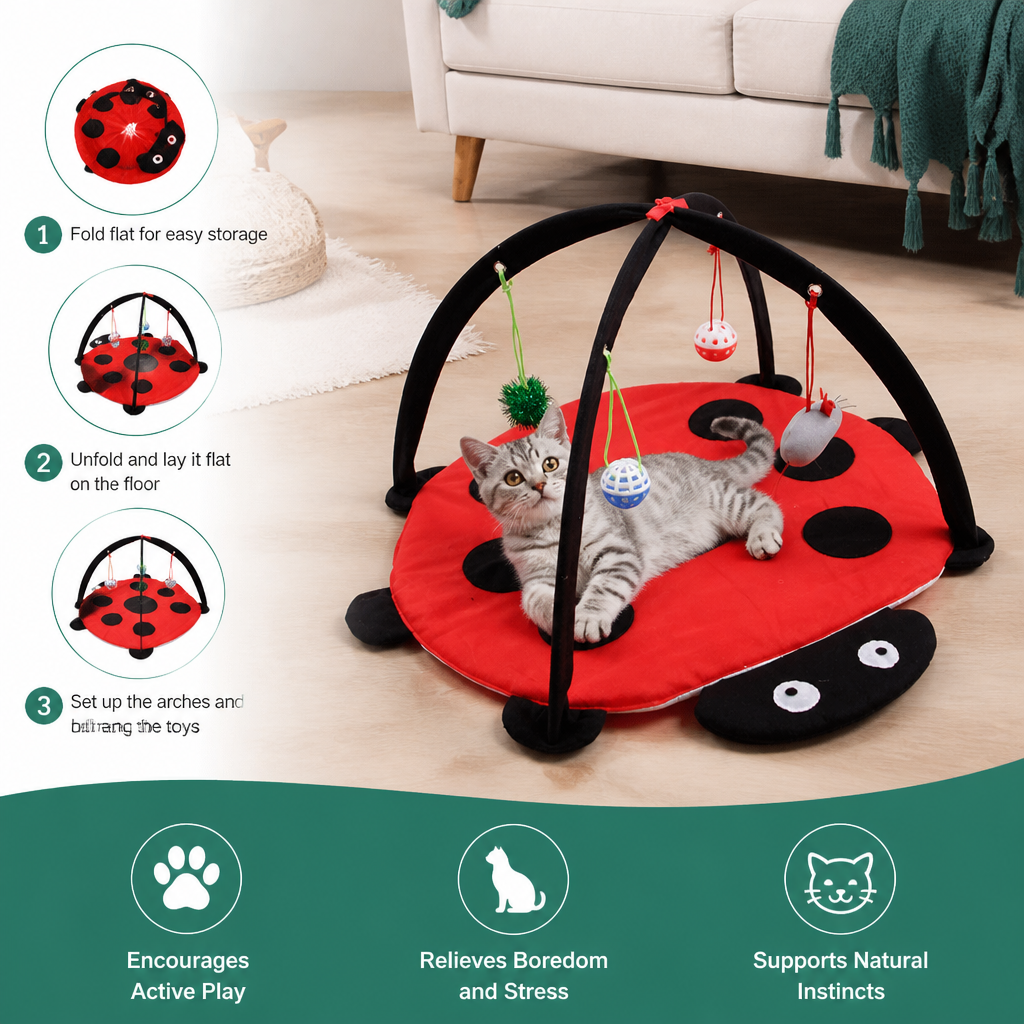 Foldable Cat Play Tent with Hanging Toys and Activity Mat