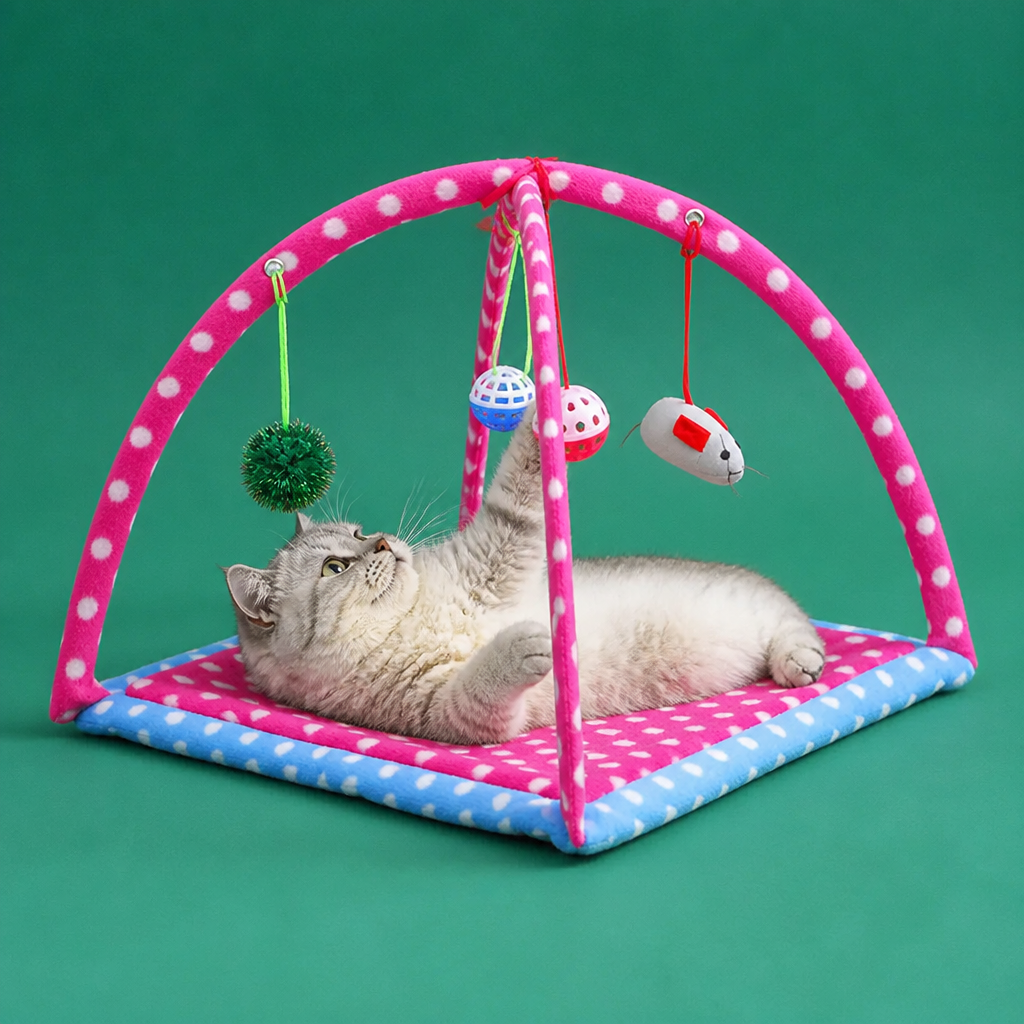 Foldable Cat Play Tent with Hanging Toys and Activity Mat