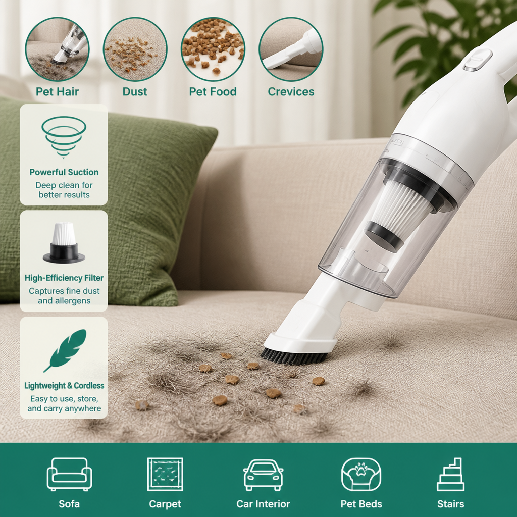Cordless Pet Hair Hoover for Sofa and Carpet with Powerful Suction