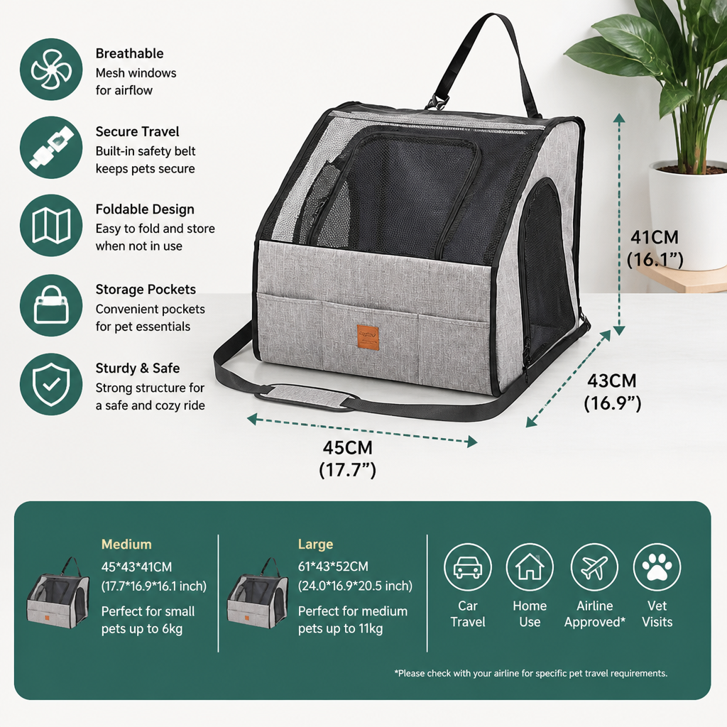 Safe Car Dog Seat – Foldable Carrier Bag with Mesh Windows and Safety Belt System