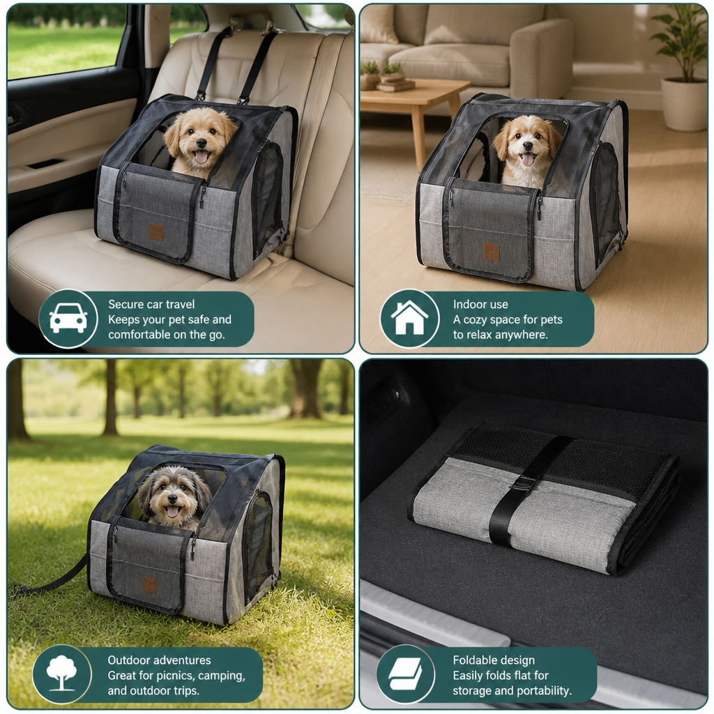 Safe Car Dog Seat – Foldable Carrier Bag with Mesh Windows and Safety Belt System