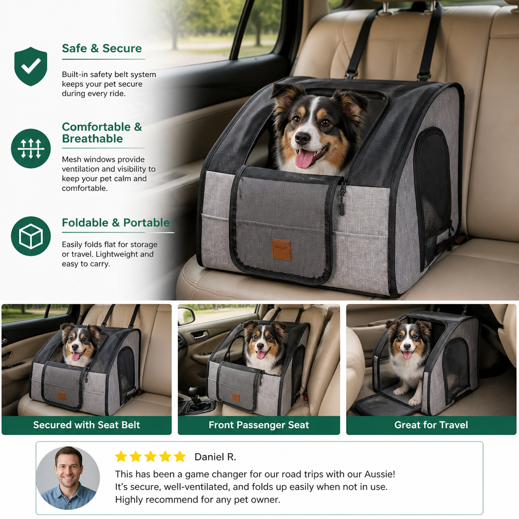 Safe Car Dog Seat – Foldable Carrier Bag with Mesh Windows and Safety Belt System