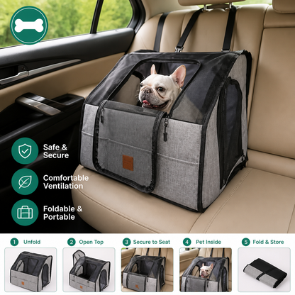Safe Car Dog Seat – Foldable Carrier Bag with Mesh Windows and Safety Belt System