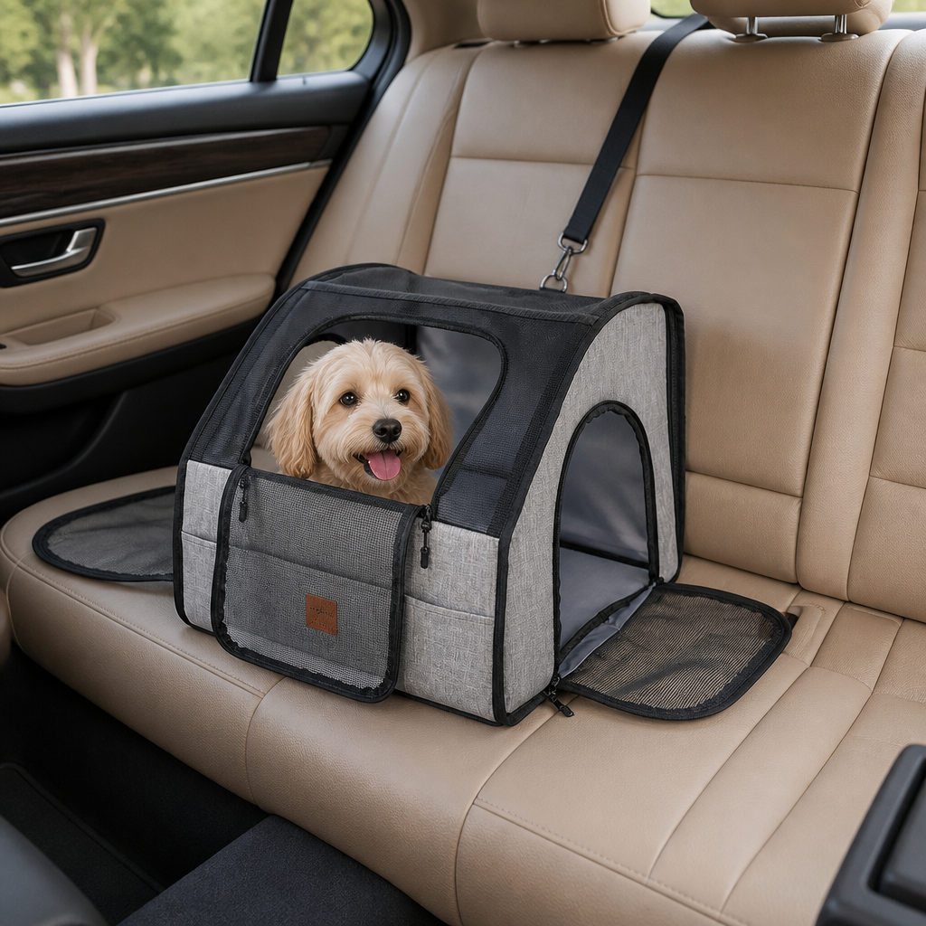Safe Car Dog Seat – Foldable Carrier Bag with Mesh Windows and Safety Belt System