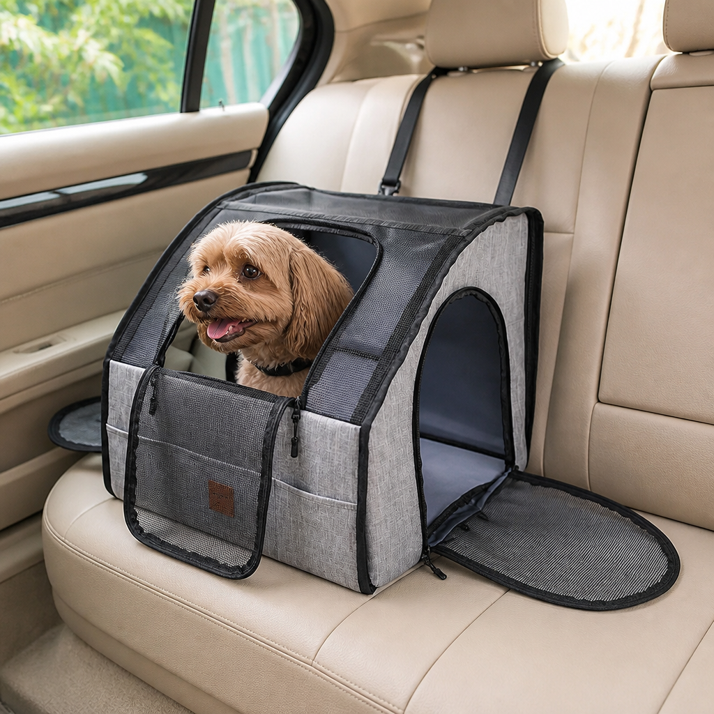 Safe Car Dog Seat – Foldable Carrier Bag with Mesh Windows and Safety Belt System