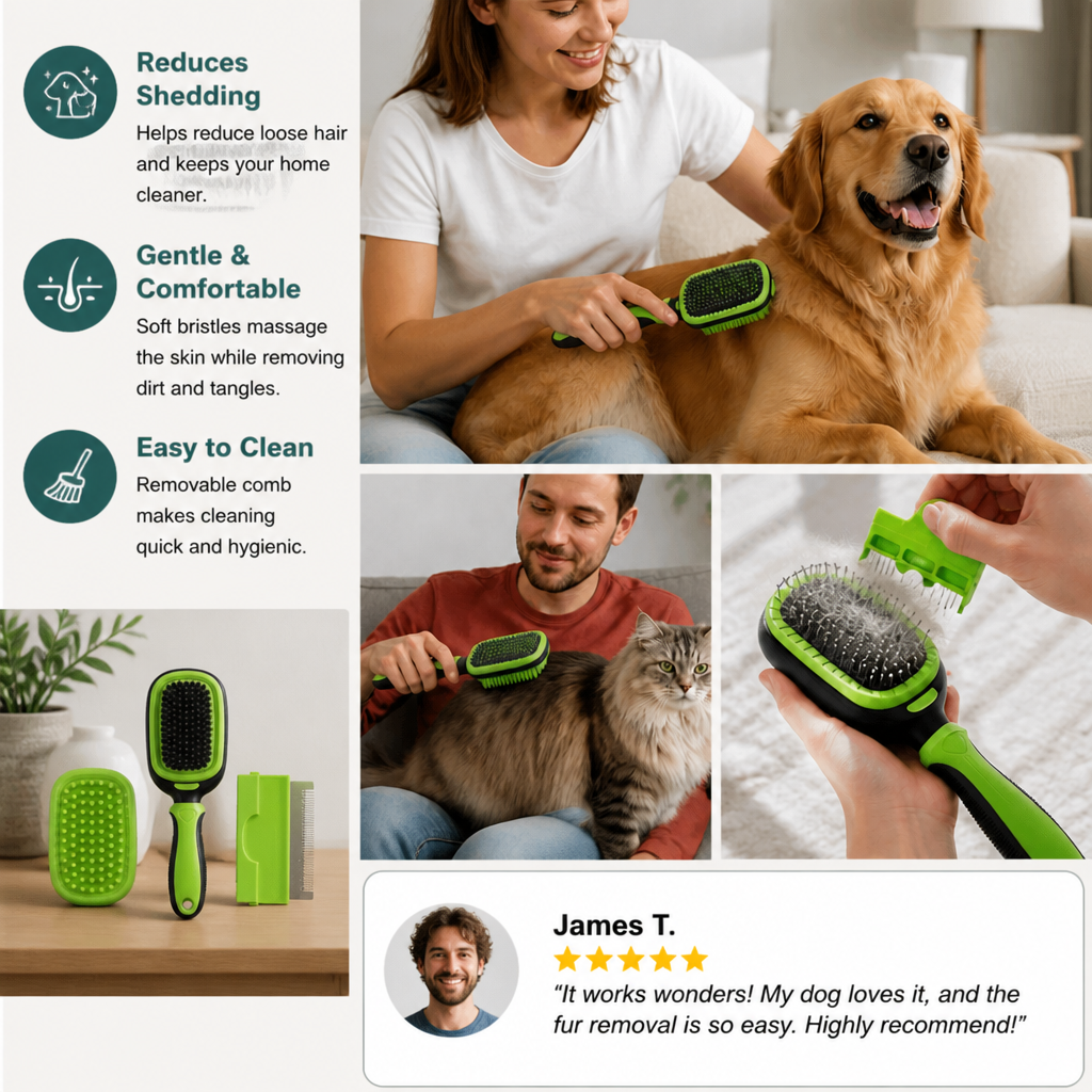 Dog And Cat Brush With Removable Fur Comb - 2-In-1 Brush For Gentle Coat Care