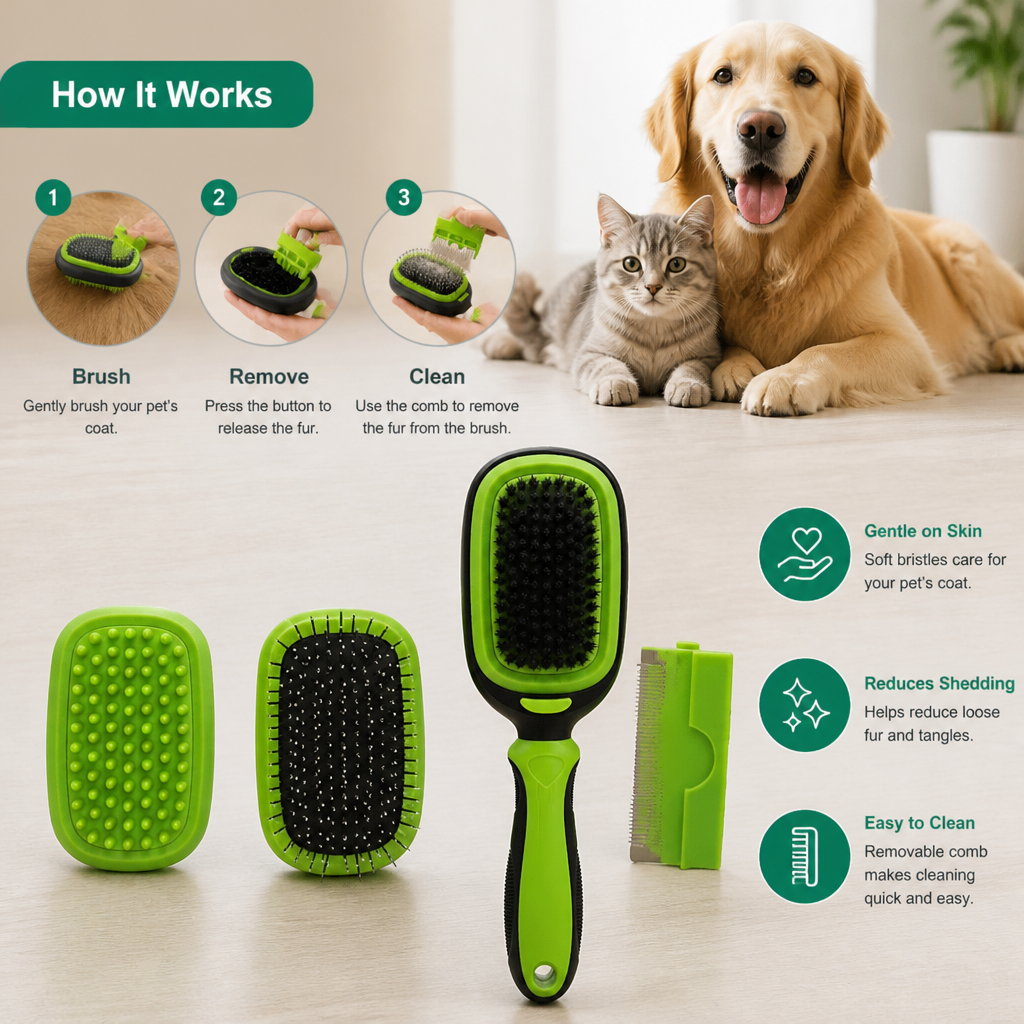 Dog And Cat Brush With Removable Fur Comb - 2-In-1 Brush For Gentle Coat Care