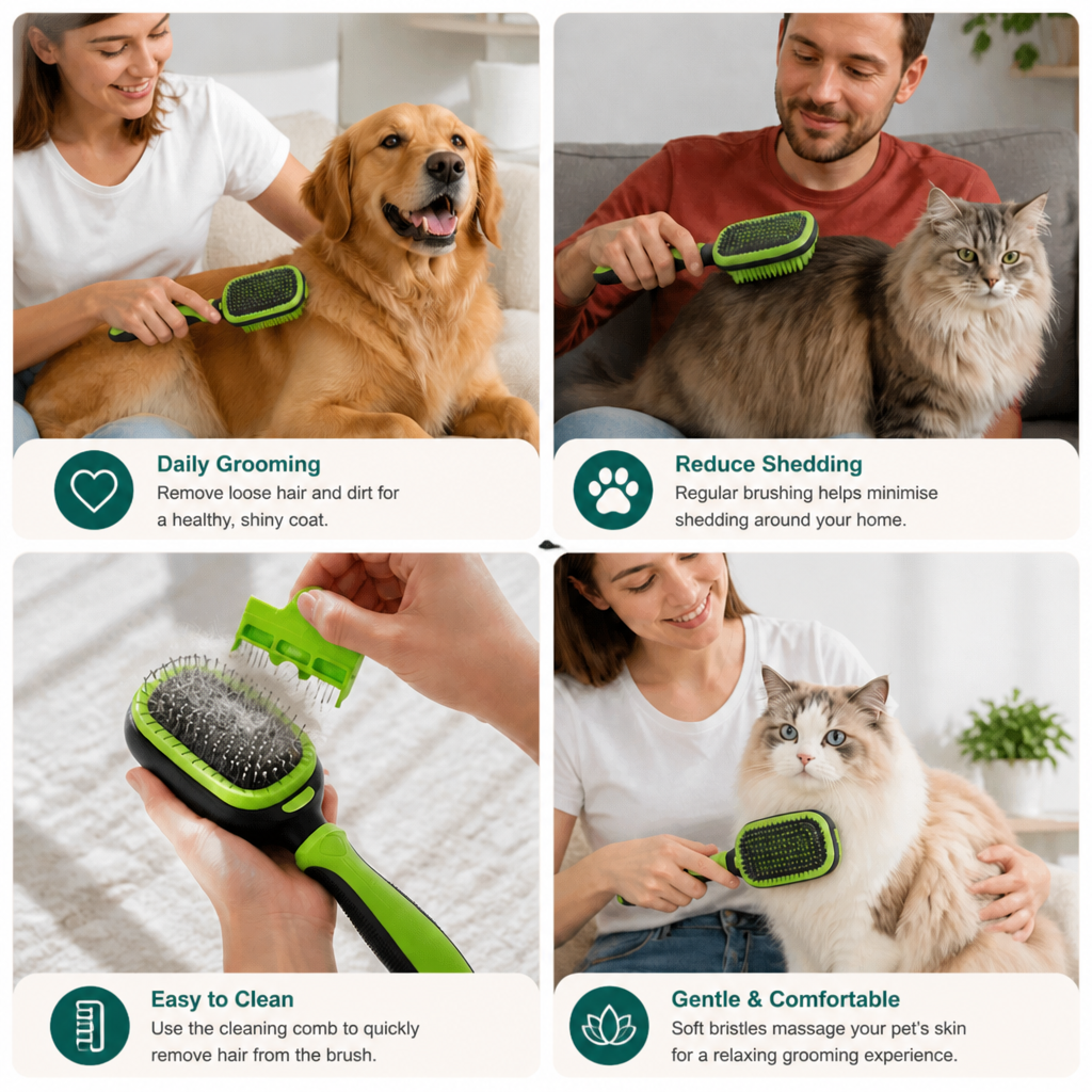Dog And Cat Brush With Removable Fur Comb - 2-In-1 Brush For Gentle Coat Care