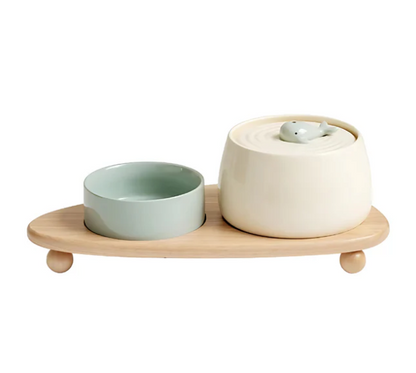 Elegant Feeding Station With Ceramic Bowls And Wooden Base