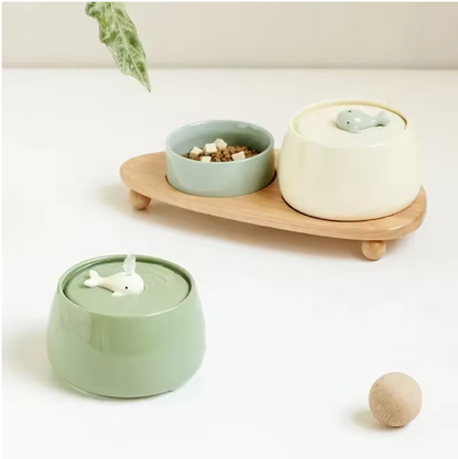 Elegant Feeding Station With Ceramic Bowls And Wooden Base