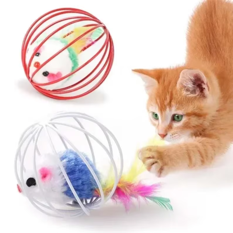 Caged Mouse Cat Toy with Feather Tail