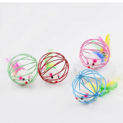 Caged Mouse Cat Toy with Feather Tail