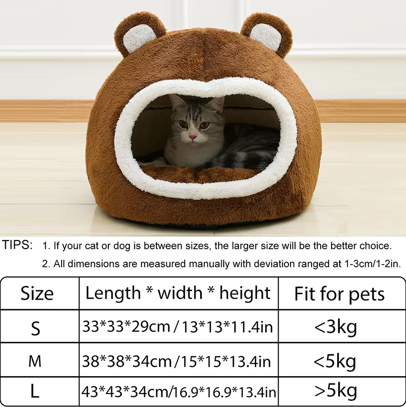 The Bear Cave - Soft Cat Bed with Non-Slip Bottom and Thick Padding