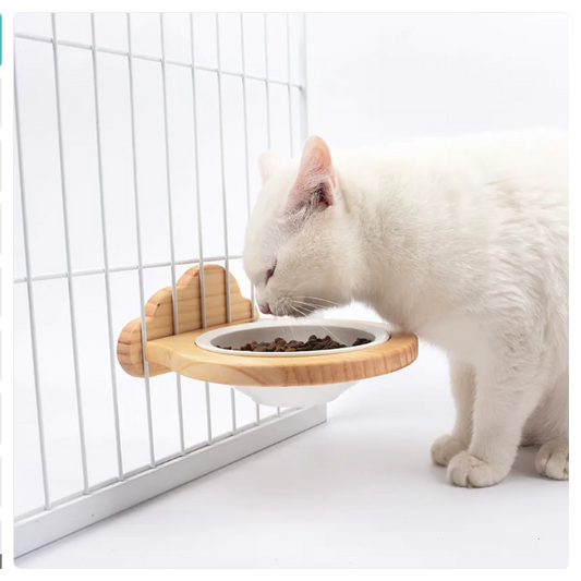 Hanging Bowl for Cats - Wall Mount Support with Cloud-Shaped Wooden Frame