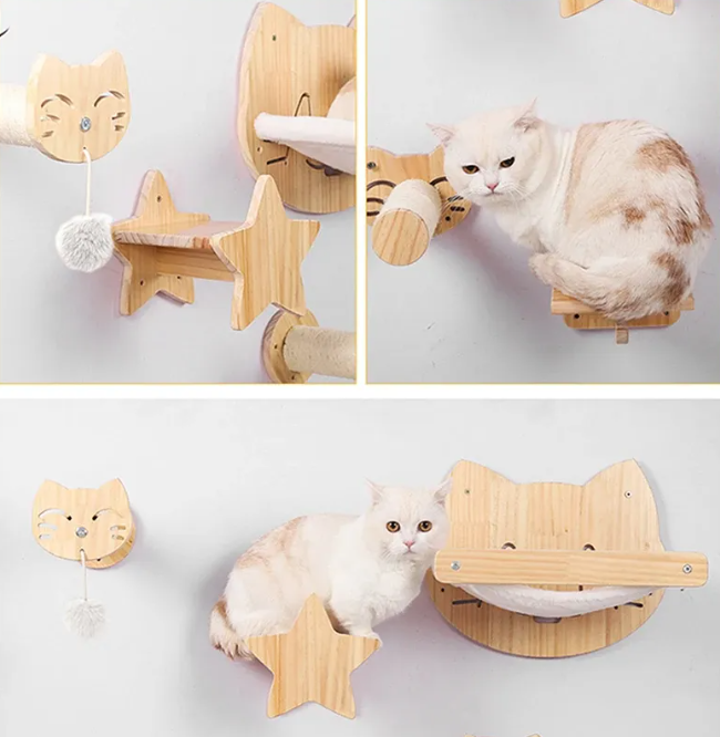 Wooden Wall Scratching Board for Cats in a Cat Head Design - Comfortable Resting Place and Toy